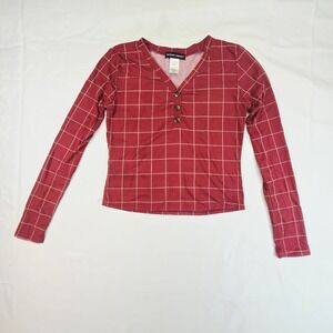 Perfectly Imperfect Women's Henley Top Size Small Red Grid Ribbed LongSleeve